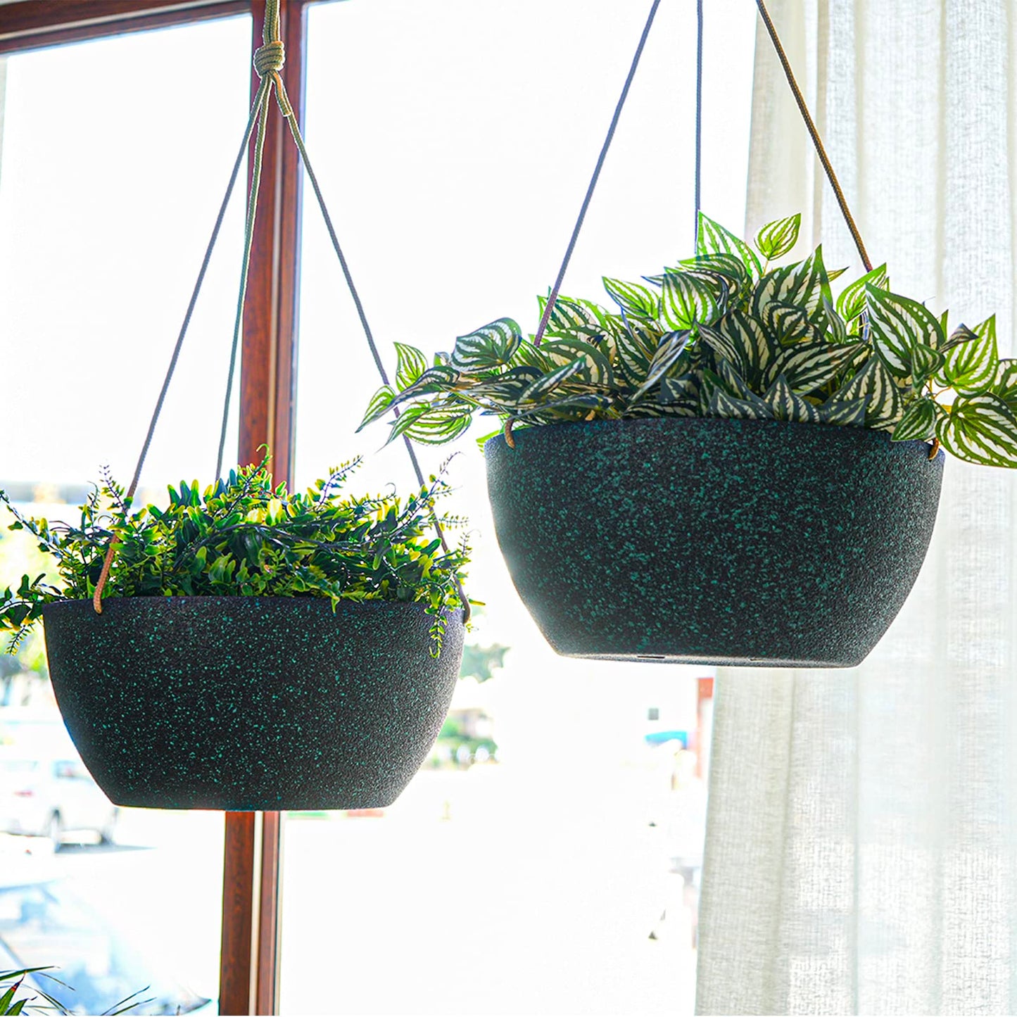 SwinDuck 13 Inch 2 Pack Large Hanging Planters for Indoor Outdoor Plants, Plastic Hanging Basket Pots for House Plants Flowers, Black Speckles