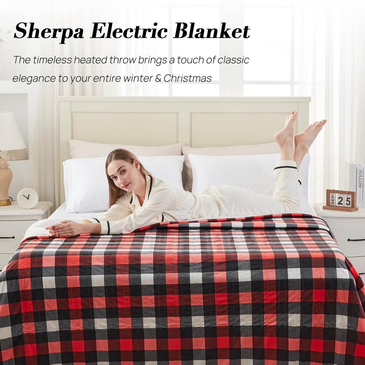 Westinghouse Heated Throw Blanket, Flower Jacquard Electric Blanket Throw with 6 Heating Levels and 2-10 Hours Auto-Off, Flannel to Sherpa Super Cozy Heated Blanket, Machine Washable (50" x 60" Beige)