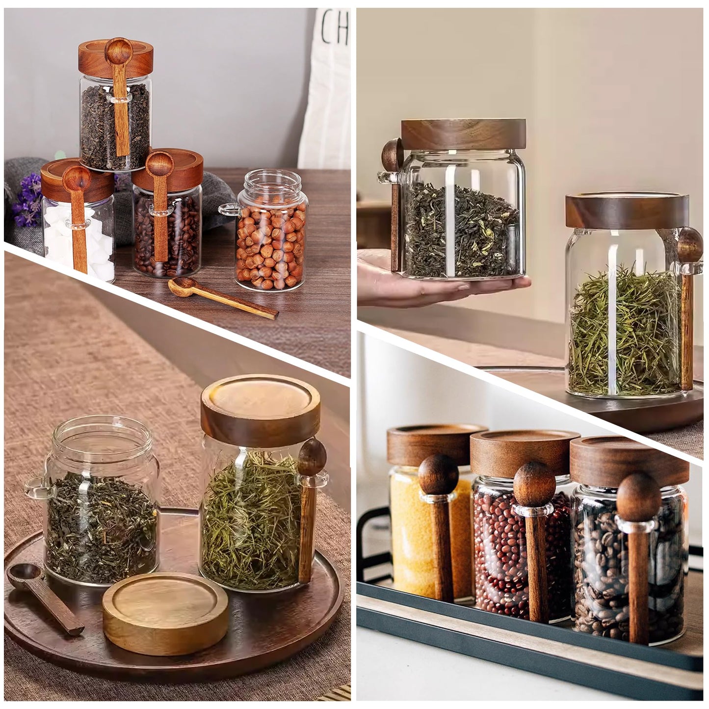 MOLADRI 18 oz/550 ml Glass Storage Canister with Airtight Wooden Lid, Clear Small Decorative Container Jar with Spoon for Salad Overnight Oats Snacks Yogurt Cereal Fruit Spice Sugar Coffee Candy Salt