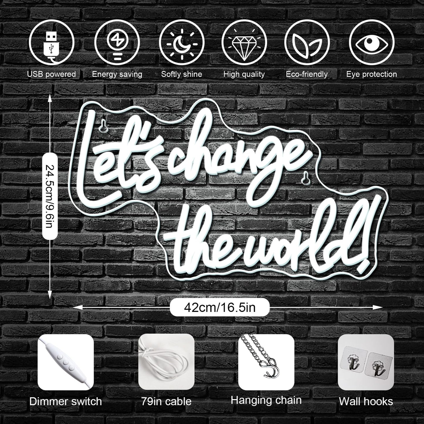 Horseneon Let's Change the World Neon Led Sign, White Neon Signs for Wall Decor, Neon Lights Signs with USB Powered for Bedroom, Living room, Wall Hanging Decor