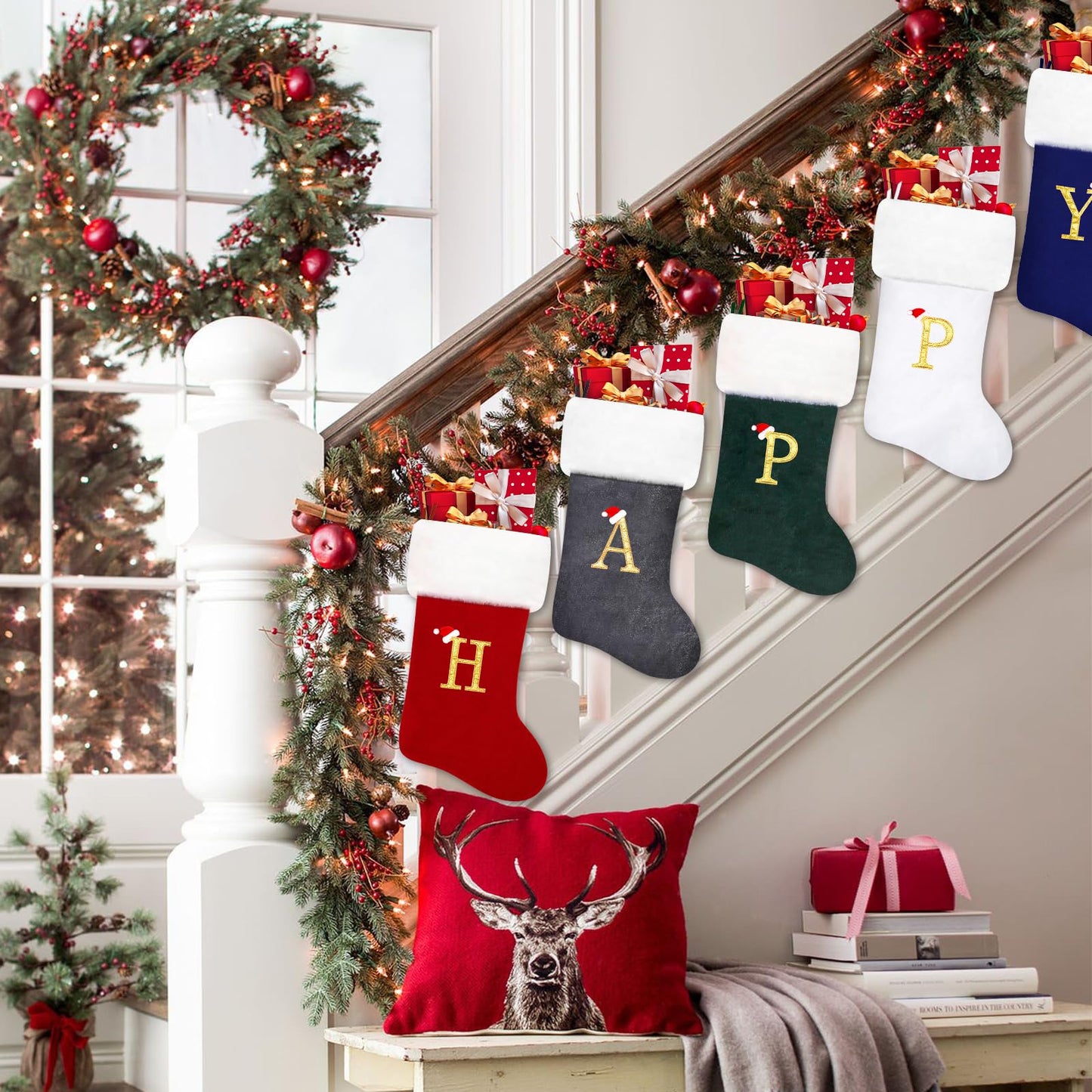 Tokforty 20 Inches Red Velvet with White Super Soft Plush Cuff Monogram Christmas Stockings, Xmas Personalized Embroidered Letter Stockings for Family Holiday Decorations and Xmas Tree Fireplace（K）