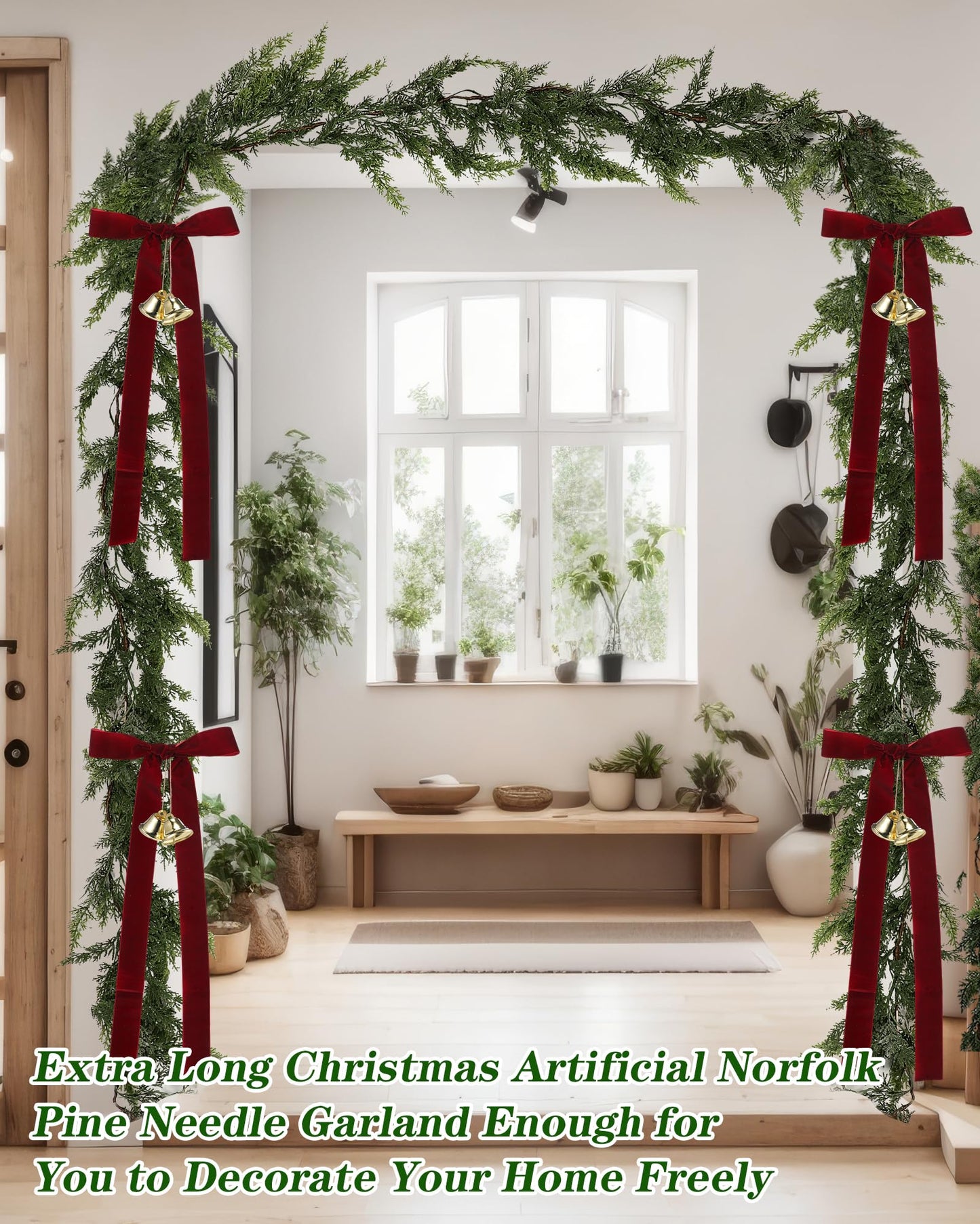 Suncalla 17 Extra Long Christmas Artificial Cedar Pine Cypress Garland with Ribbons and Bells Christmas Pine Decorations for Stairs Indoor Outdoor Wall Table Mantel Fireplace Xmas Decor