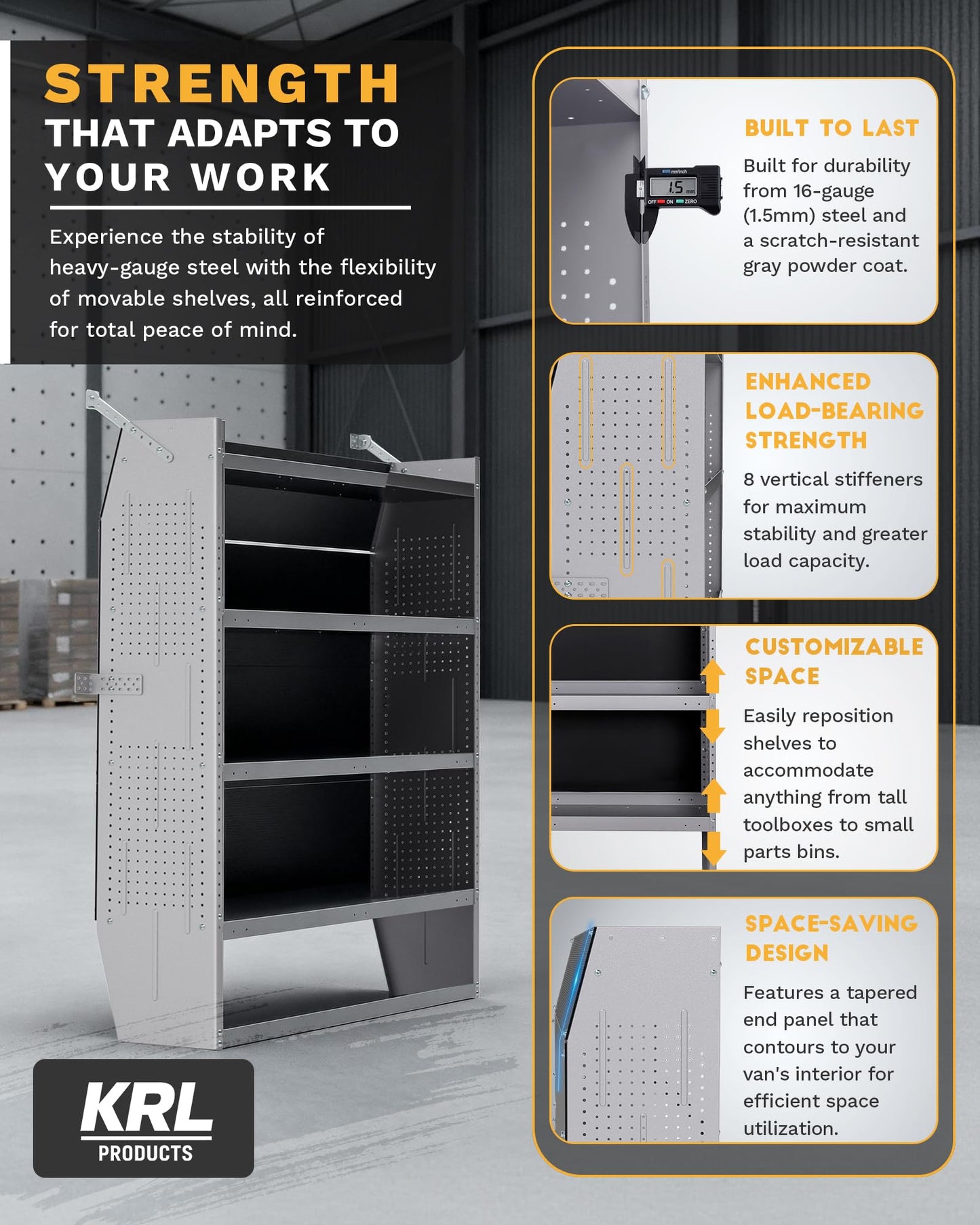 KRL Products SV-4260 Steel Mid/High Roof Van Shelving Storage System Fits Transit, NV, Promaster and Sprinter, Van Shelving Units, 42''W * 60''H * 13''D