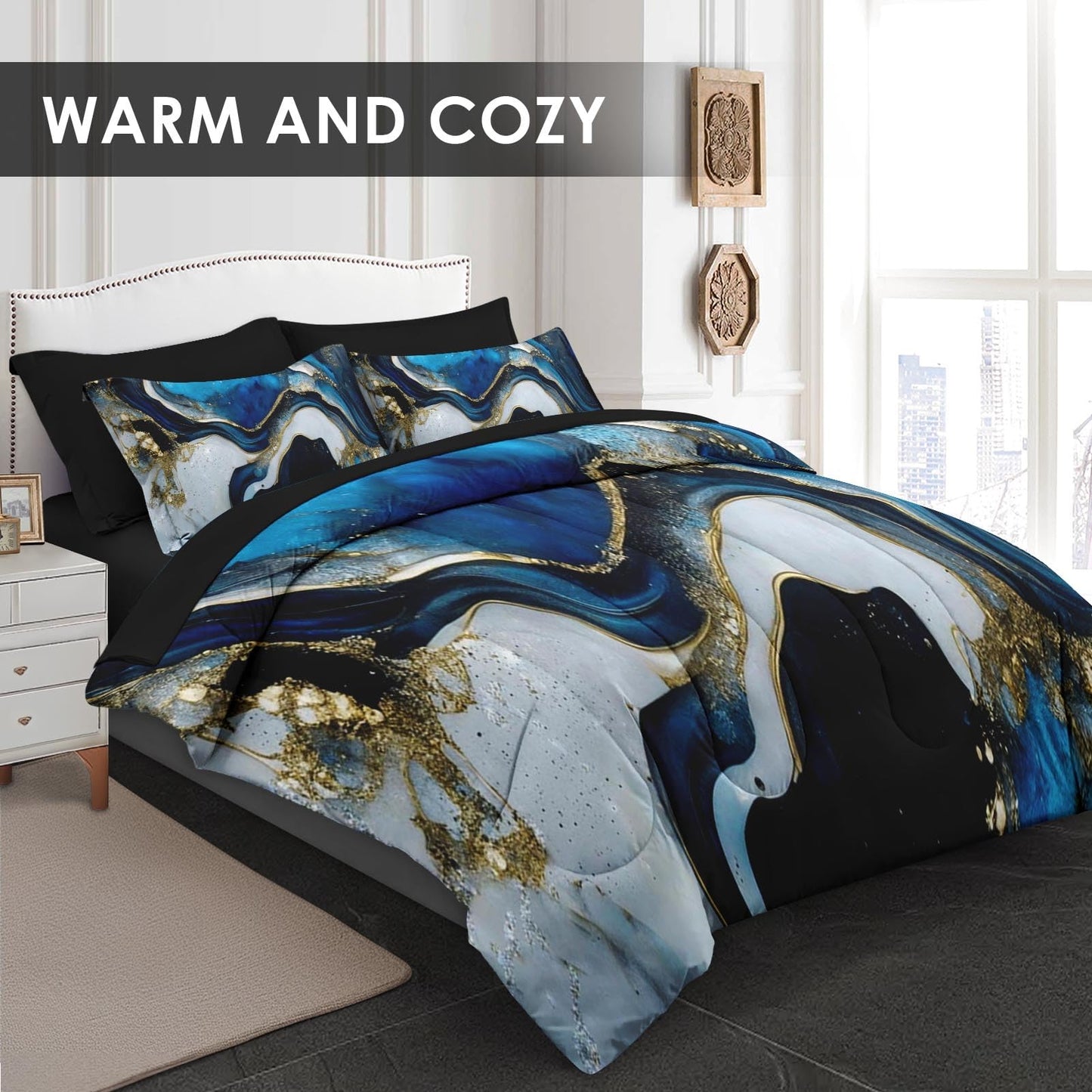 Pamnest Comforter Set Twin Size, Deep Blue Marble 5 Pcs Bedding Set for Kids and Adults, Gold Stone Bed Sheet Sets with Fitted Sheet Pillowcase & Sham for Bedroom Bed Decor