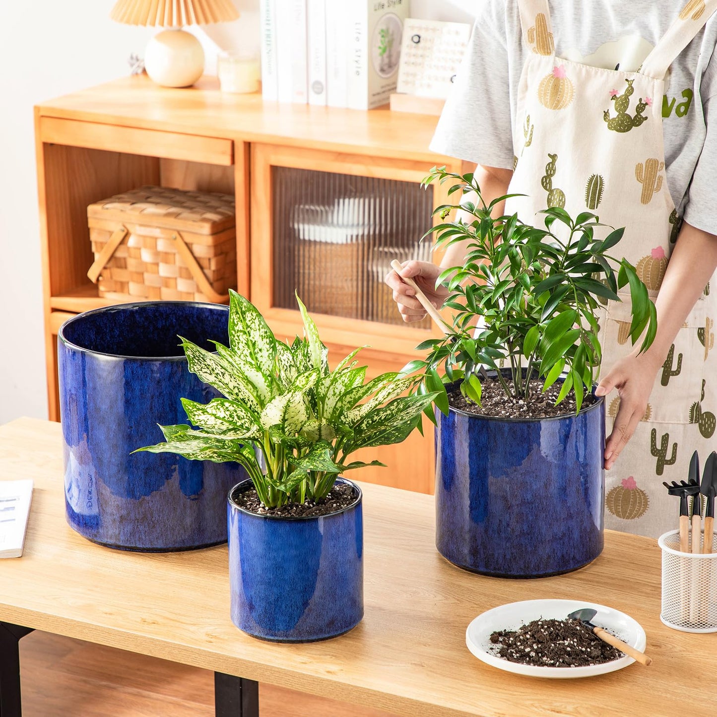 vancasso 6"+8"+10" Ceramic Pot for Plants, Large Outdoor Indoor Planter Pots with Drainage Holes, Set of 3, Blue