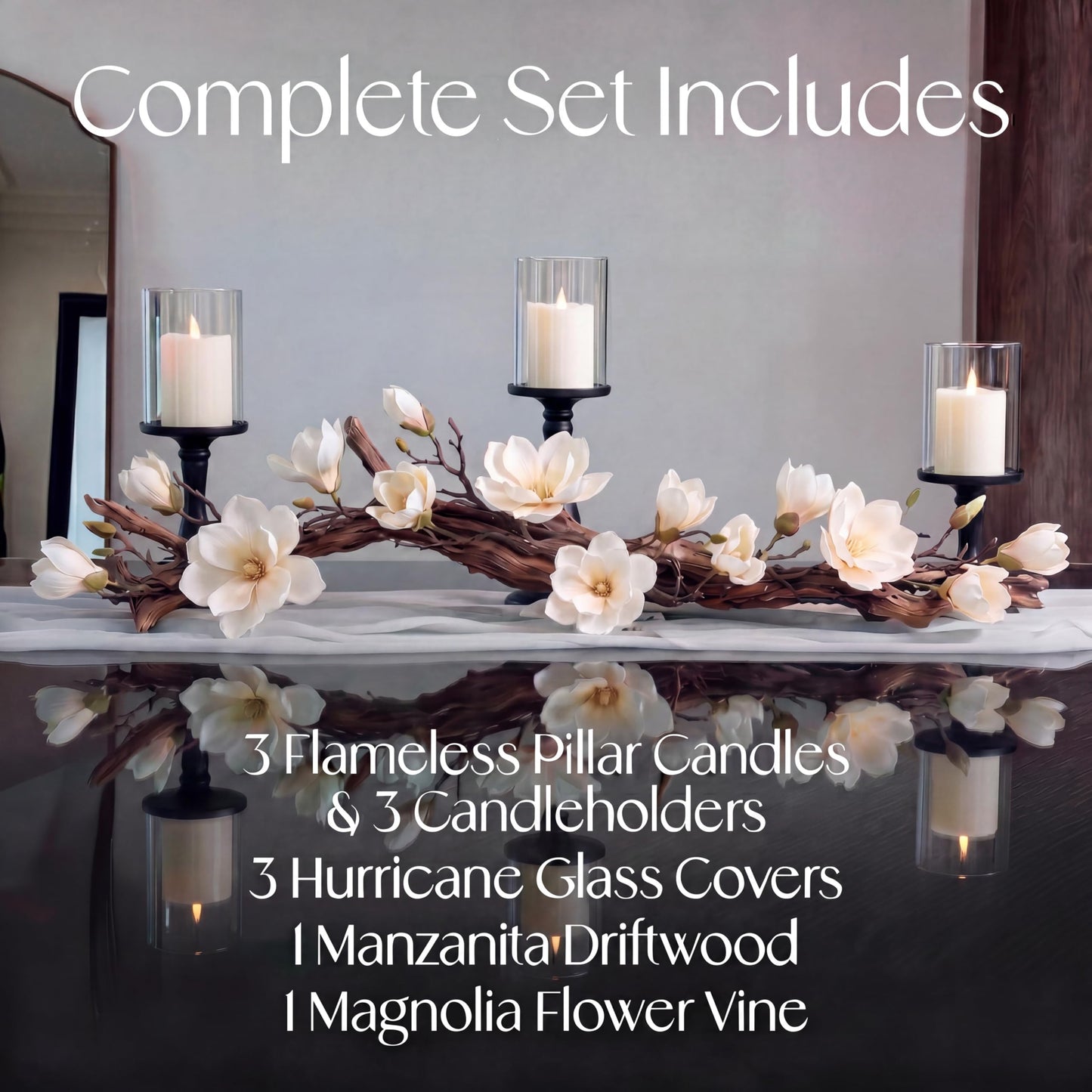 Modern Dining Table Centerpiece, Magnolia Driftwood Candle Holder Set Black