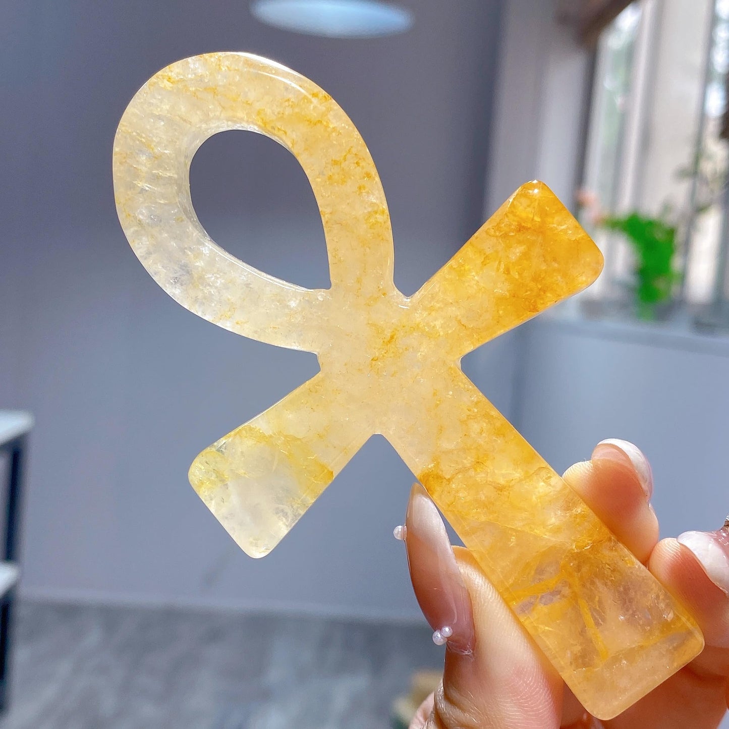 3.6" Natural Quartz,Hand Carved,Mineral Sample,Ankh Totem,Home Decor,Reiki Heal,Energy Crystal Gift (Yellow Hematoid Quartz)