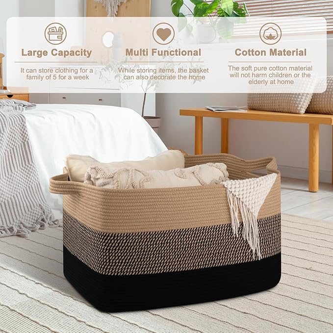 OIAHOMY Extra Large Blanket Basket, 95L Cotton Rope Woven Laundry Basket