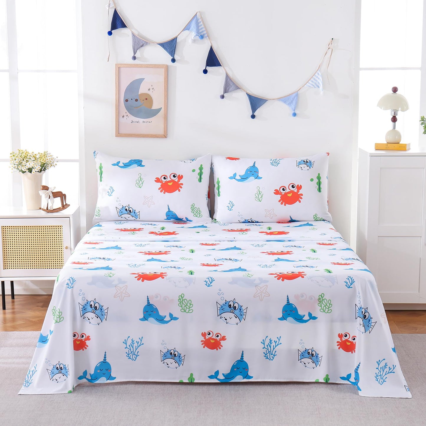 Yibeizi Full Size Sheet Sets Kids Beach Bedding Coastal Bed Sheets for Boys Ocean Print Bedsheets Microfiber Deep Pocket Nautical Patterned Bed Sheet & Pillowcase Sets 4 Pieces