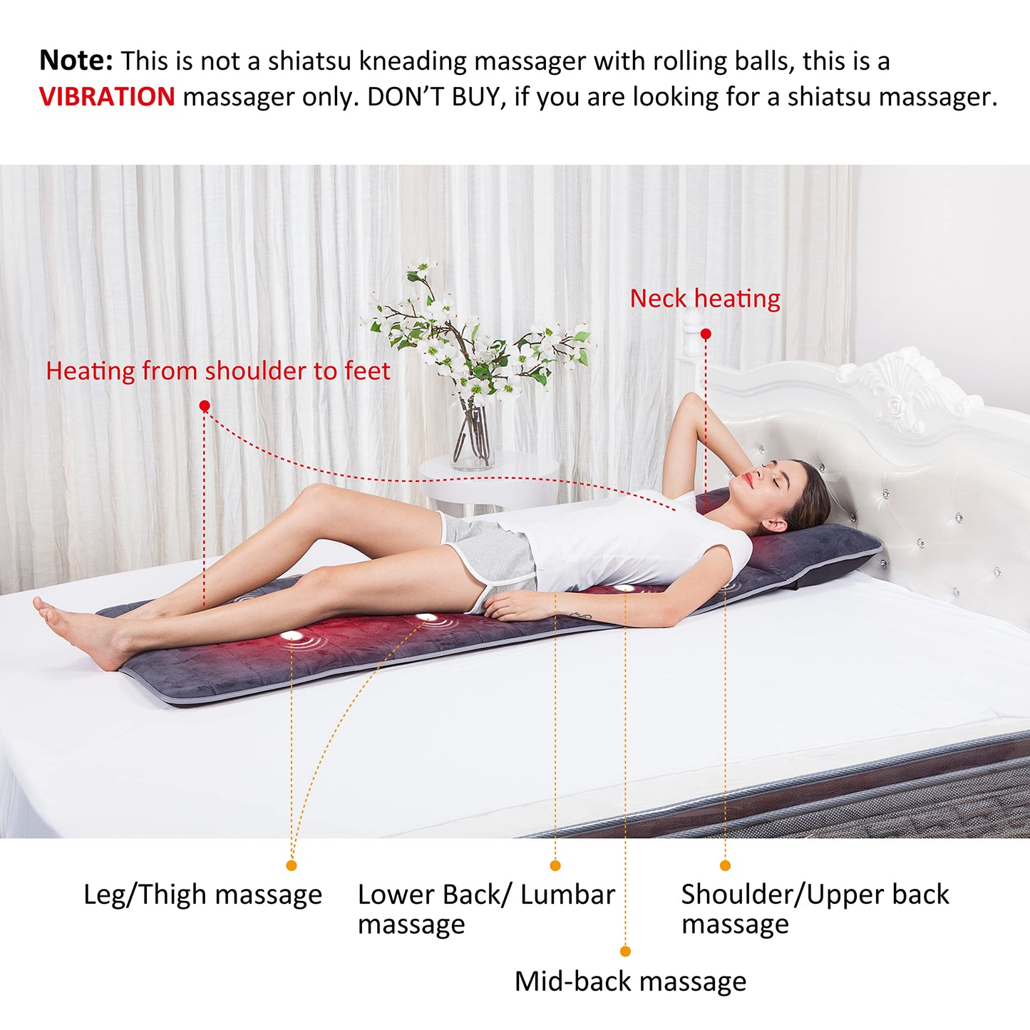 Snailax Memory Foam Full Body Massage Mat with Heat, Back Massager with 10 Vibration Motors, 6 Heating Pads, Massage Chair Pad for Neck, Back, Waist, Legs
