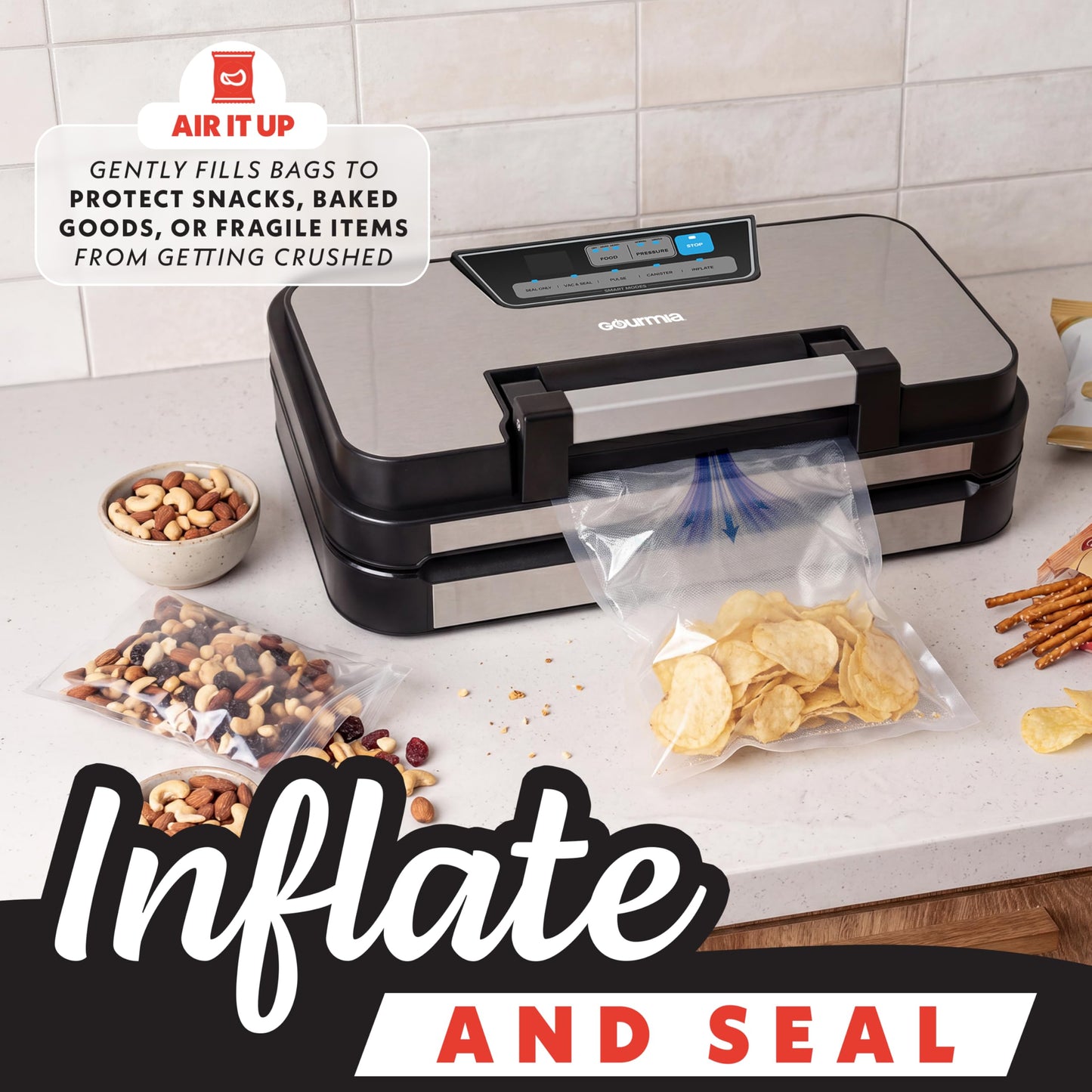 Gourmia Vacuum Sealer - 10-in-1 Food Sealer with Inflate Function, Built-In Cutter & Roll Storage, Inflate, Seal, Dry/Moist Modes, Gentle & Normal Pressure, BPA-Free Bags