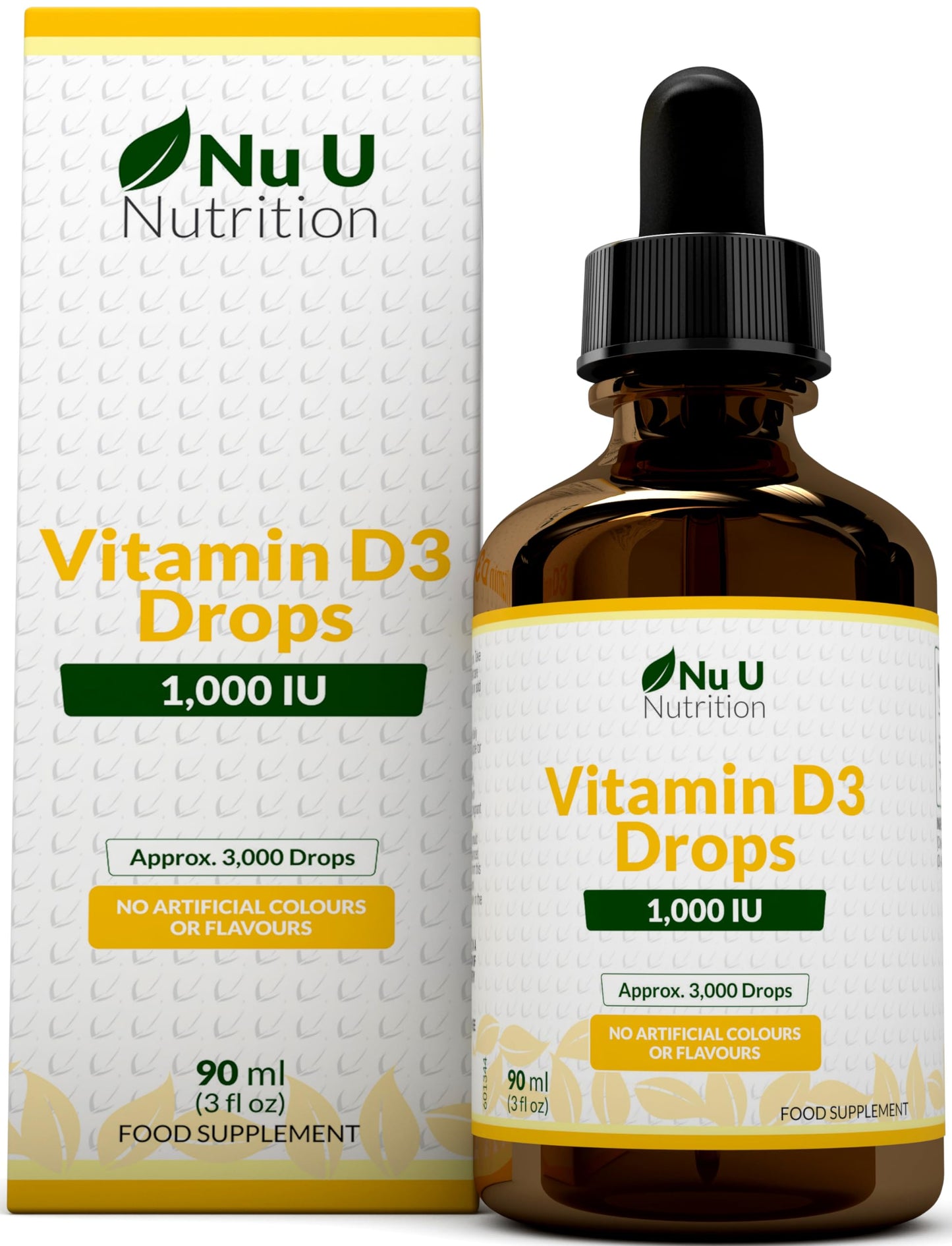 Vitamin D Drops 90ml (3000 Drops) - 1000IU per Drop - 50% More - Flexible Dose of Liquid Vitamin D3 Supplement for Adults - Unflavoured & Vegetarian - Made in The UK - Nu U Nutrition