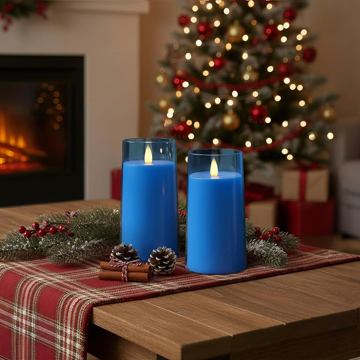 Raycare Flameless Electronic Pillar Candles with Remote Control and Timer- Battery Operated Realistic Flickering LED Fake Candle for Home, Wedding, Valentine's Day Decor,Blue,Set of 2(3"x6"6")