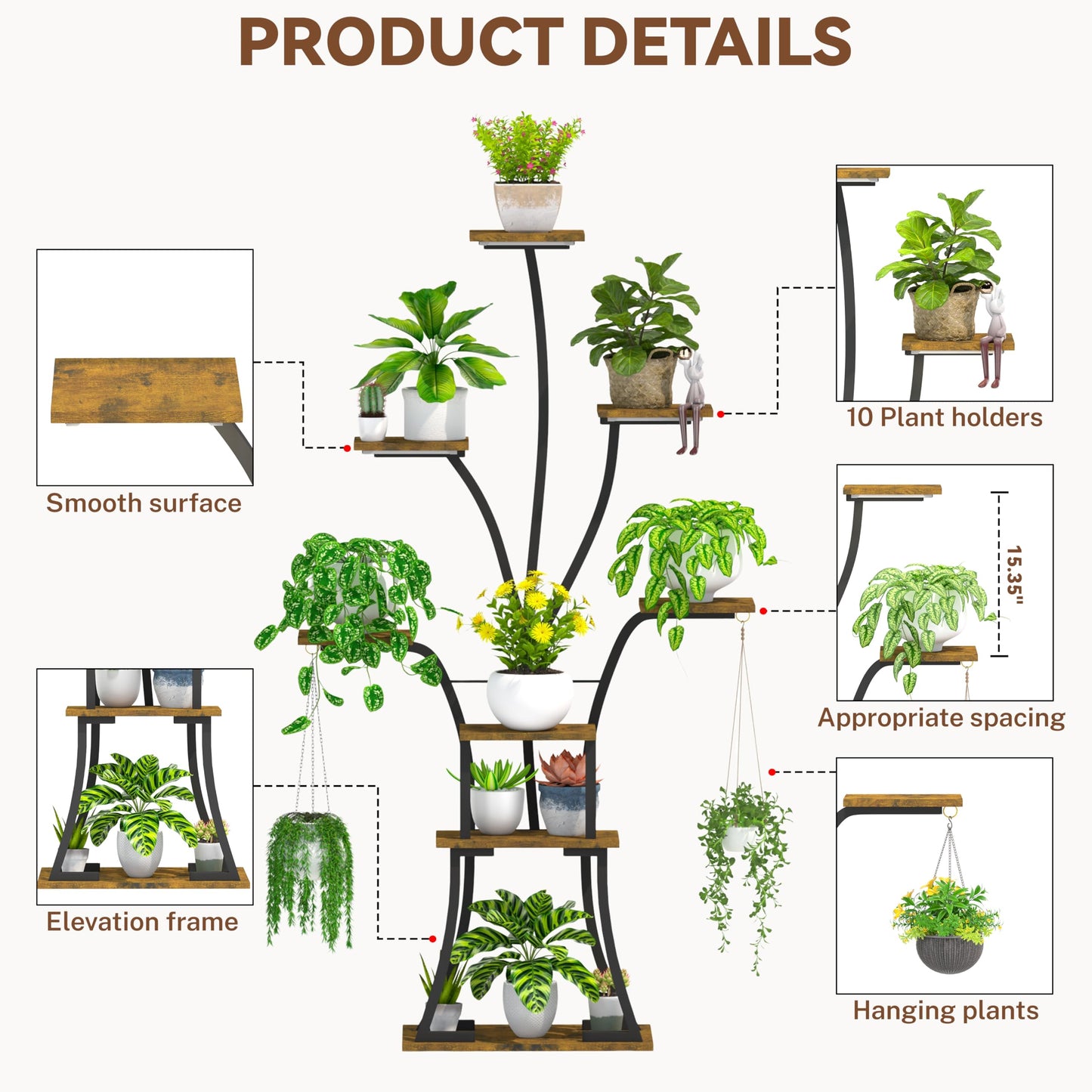 YIIHEERR 64" Tall 8 Tiered Plant Stand Indoor with Grow lights Large Tree Shape Decorative Rack Plant Pot Holder Gardening for Living Room Corner Black