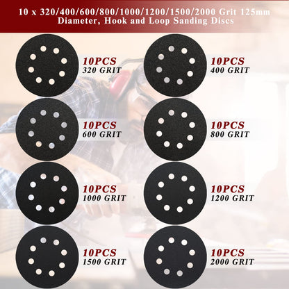 STEBRUAM 80PCS 125mm Dry Wet Sanding Discs, Hook and Loop Sandpaper Silicon Carbide Orbital Sander Discs Include 320/400/600/800/1000/1200/1500/2000 Grit for Polishing/Metal/Automotive