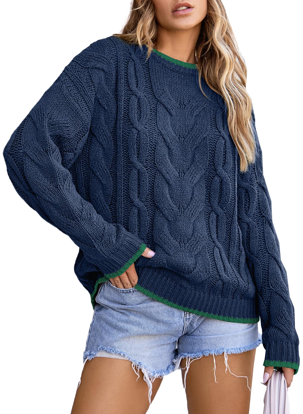 EVALESS Sweaters for Women Trendy Crewneck Long Sleeve Color Block Sweater Tops Fall 2025 Chunky Cable Knit Pullover Sweaters