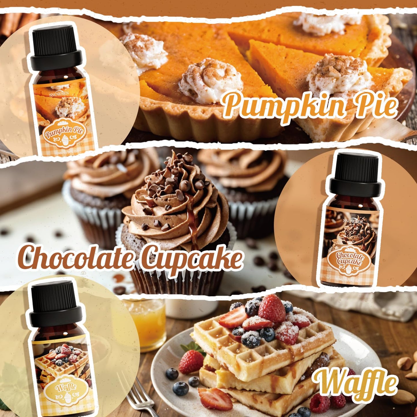Bakery Essential Oils Gift Set, SNOWSEN Dessert Fragrance Oils for Diffuser for Home, Pumpkin Pie, Waffle, Coffee Cake, Chocolate Cupcake, Gingerbread, Snickerdoodle Aromatherapy Oils