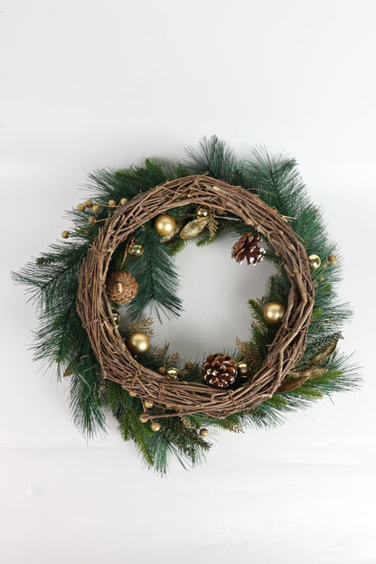 NeoL'artes 26inch Gold Wreath for Porch Front Door Mantle and Fireplace Wrapped Grapevine with Ornaments Snow Pinecones Winter Season Home Decor