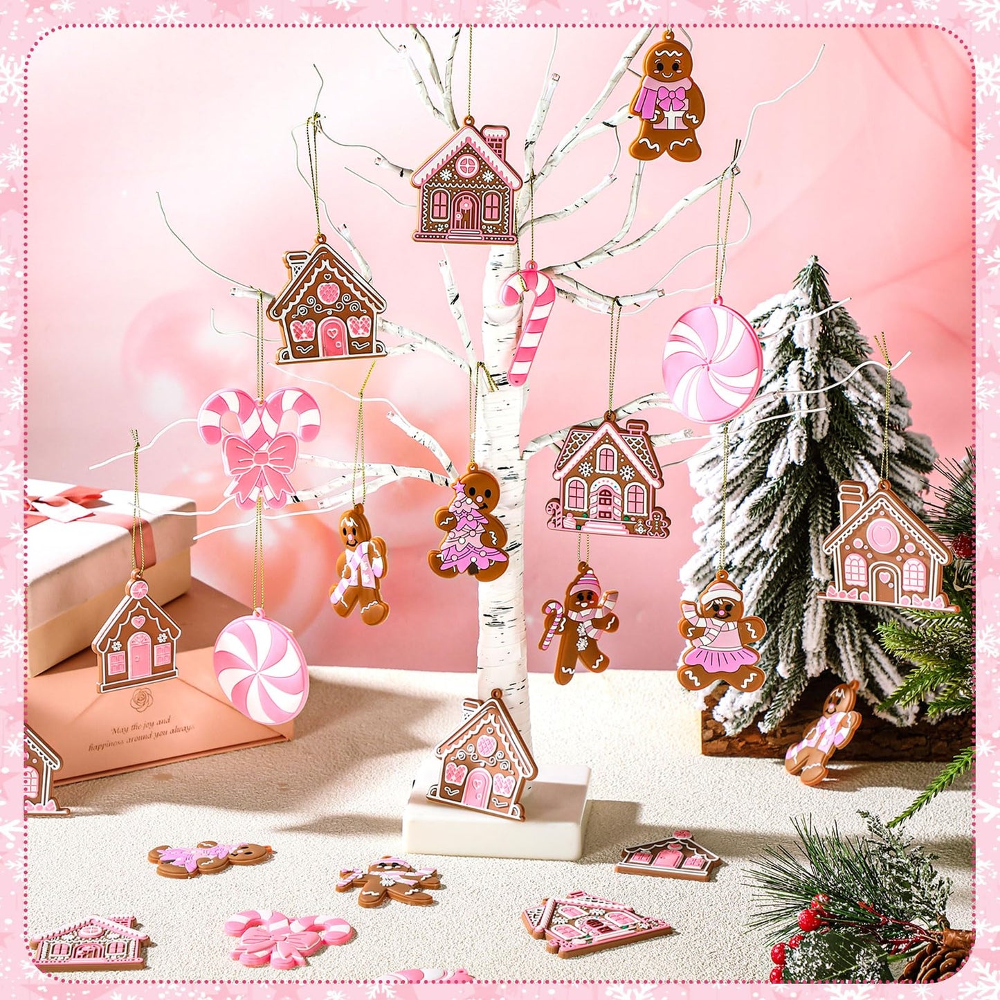 Vertintong 30 Pcs Pink Christmas Gingerbread Hanging Ornaments Pastel Gingerbread Ornaments Candy and House Soft PVC Christmas Tree Wall Hanging Decoration for Xmas Party Office Home Decor Winter