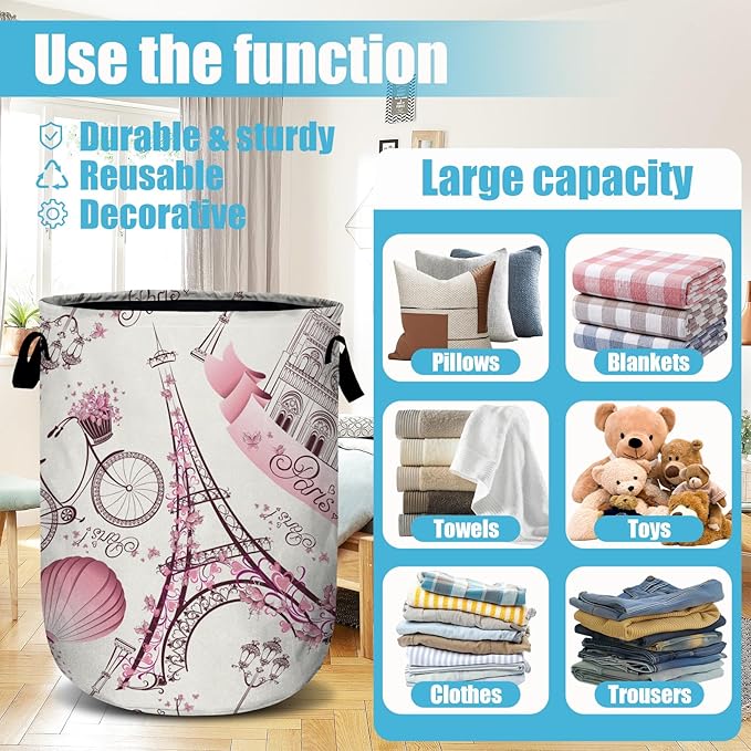 Romantic Paris Eiffel Tower Laundry Basket, Laundry Hamper Collapsible Oxford
