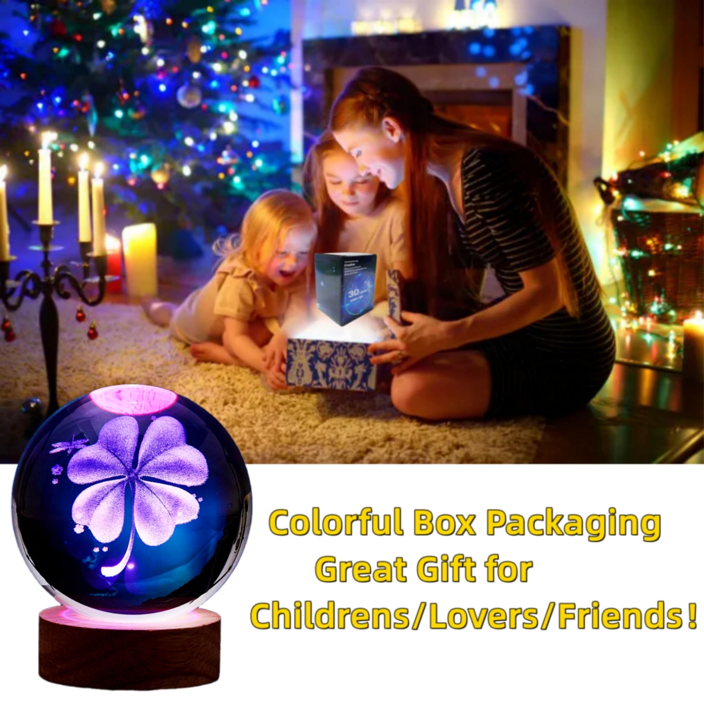 Conalisk 3D Four-Leaf Clover Crystal Ball Lamp,Lifelike 3D LED Clover Night Light,16 Colors Changing Light,Dimmable Remote Control,Clover Lamp Gift (Four-Leaf Clover)