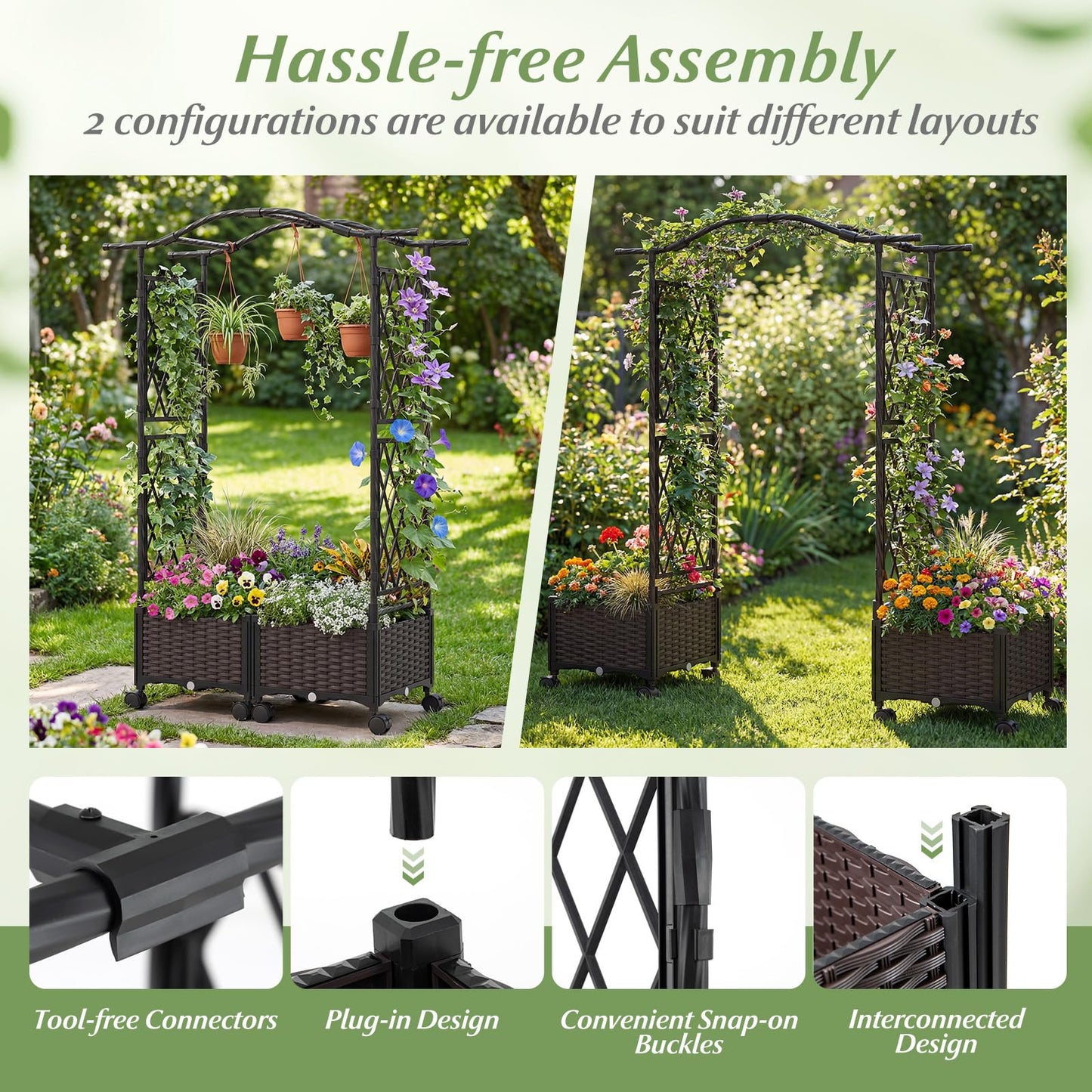 Giantex Planter Boxes with Arch Trellis, 5FT Self-Watering Tall Raised Garden Bed w/Wheels, Hanging Roof & Drainage Holes, Outdoor Indoor Tomato Planter for Climbing Vines Vegetables (60"x16"x58")