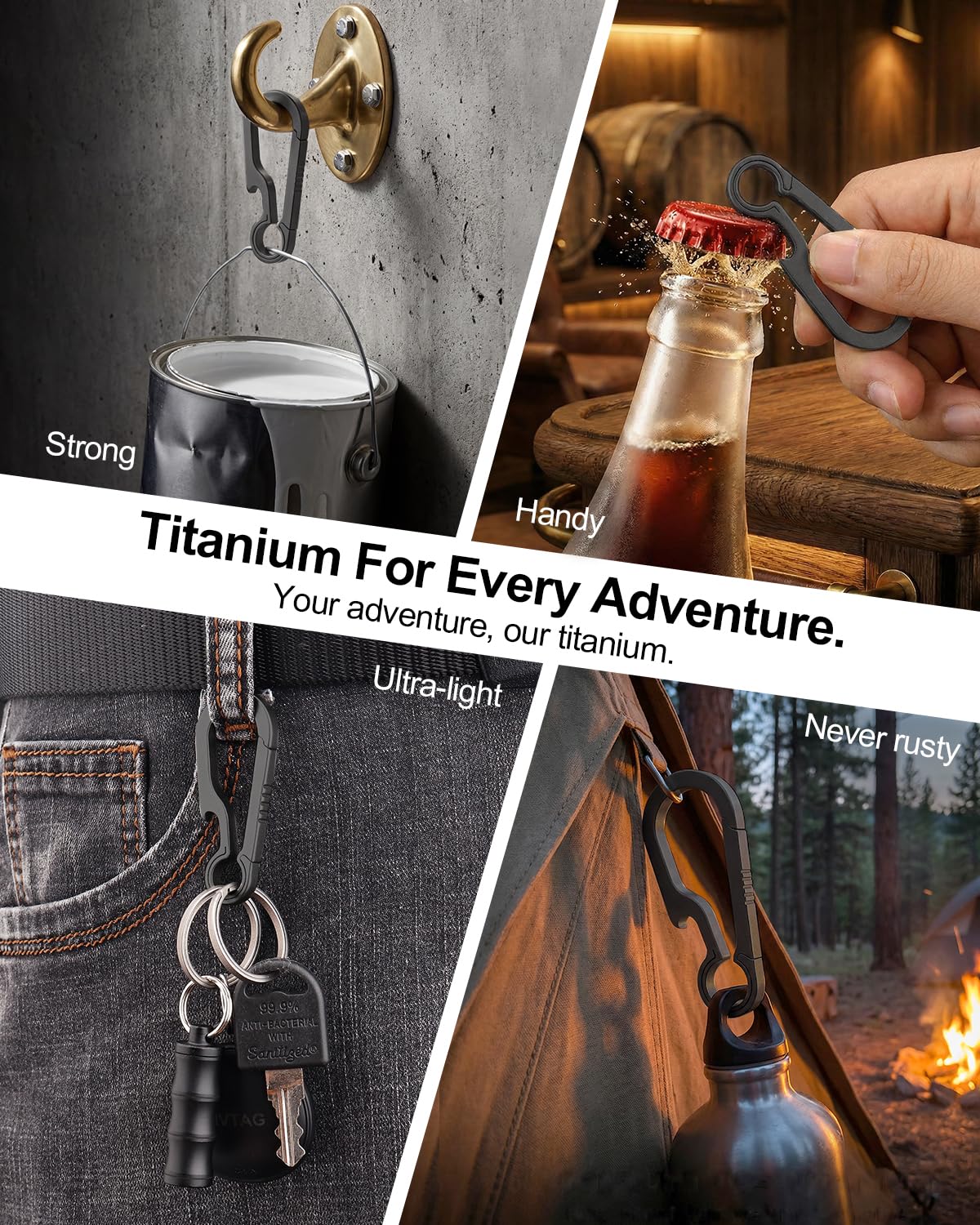 PJYTAC Titanium Carabiner Keychain Clip with Key Rings 2/2.6 Inch Small Carabiner Clips Black Heavy Duty Key Holder Quick Release Key Chain for Keys Bottle Opener Valentines Day Gift for Him Men