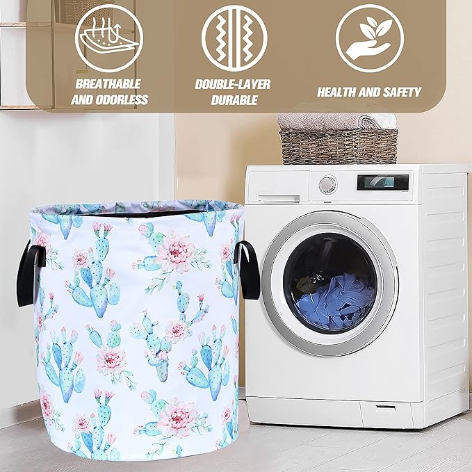 Cactus Flowers Laundry Basket Pink Floral Foldable Oxford Cloth Funny Tote Bag