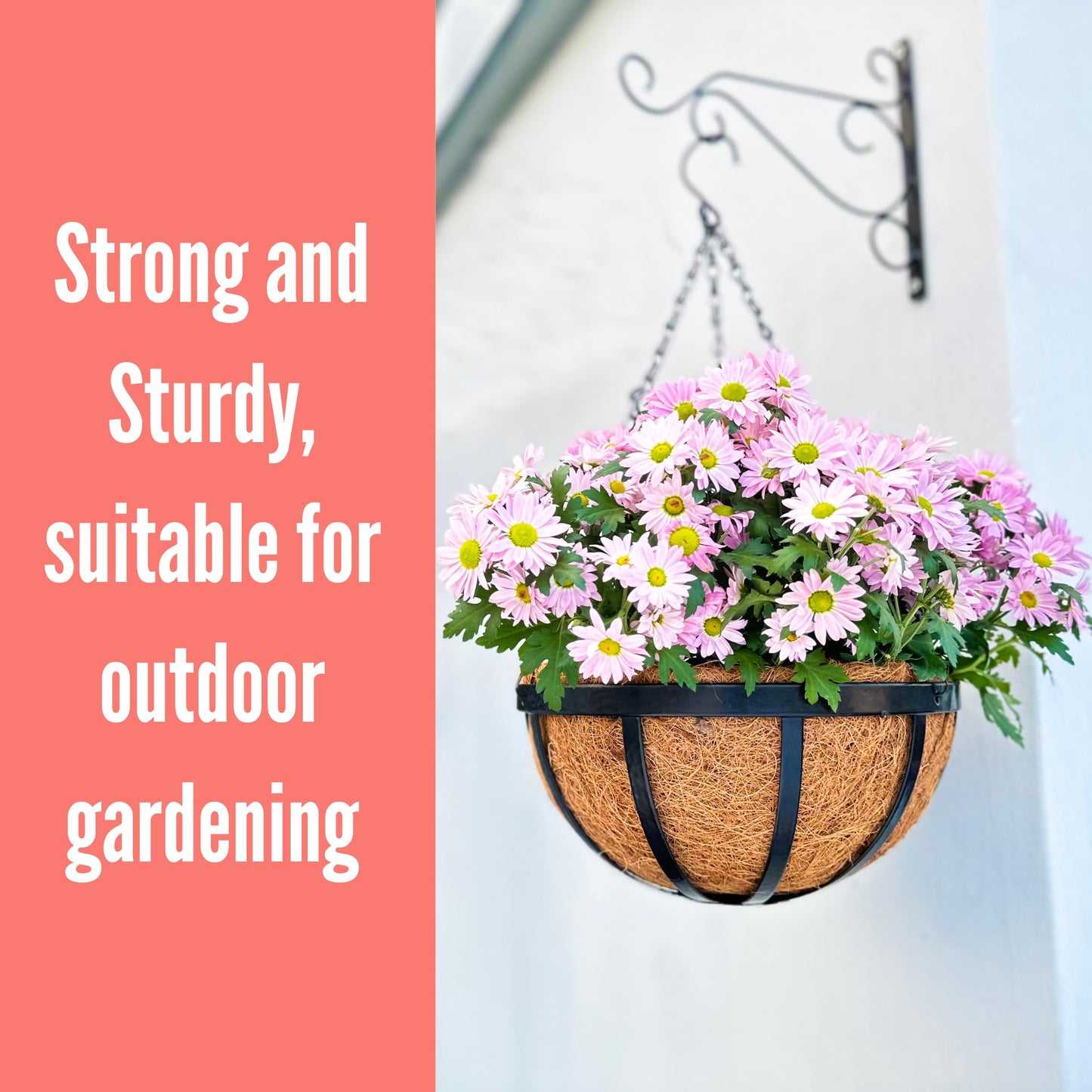 LaLaGreen Outdoor Hanging Baskets for Plants (20 Inch, 4 Pack) Extra Large Black Metal Flat Iron Hanging Planter with Coco Liner Round Flower Pot Holder Deck Porch Modern Garden Balcony Rustic Decor