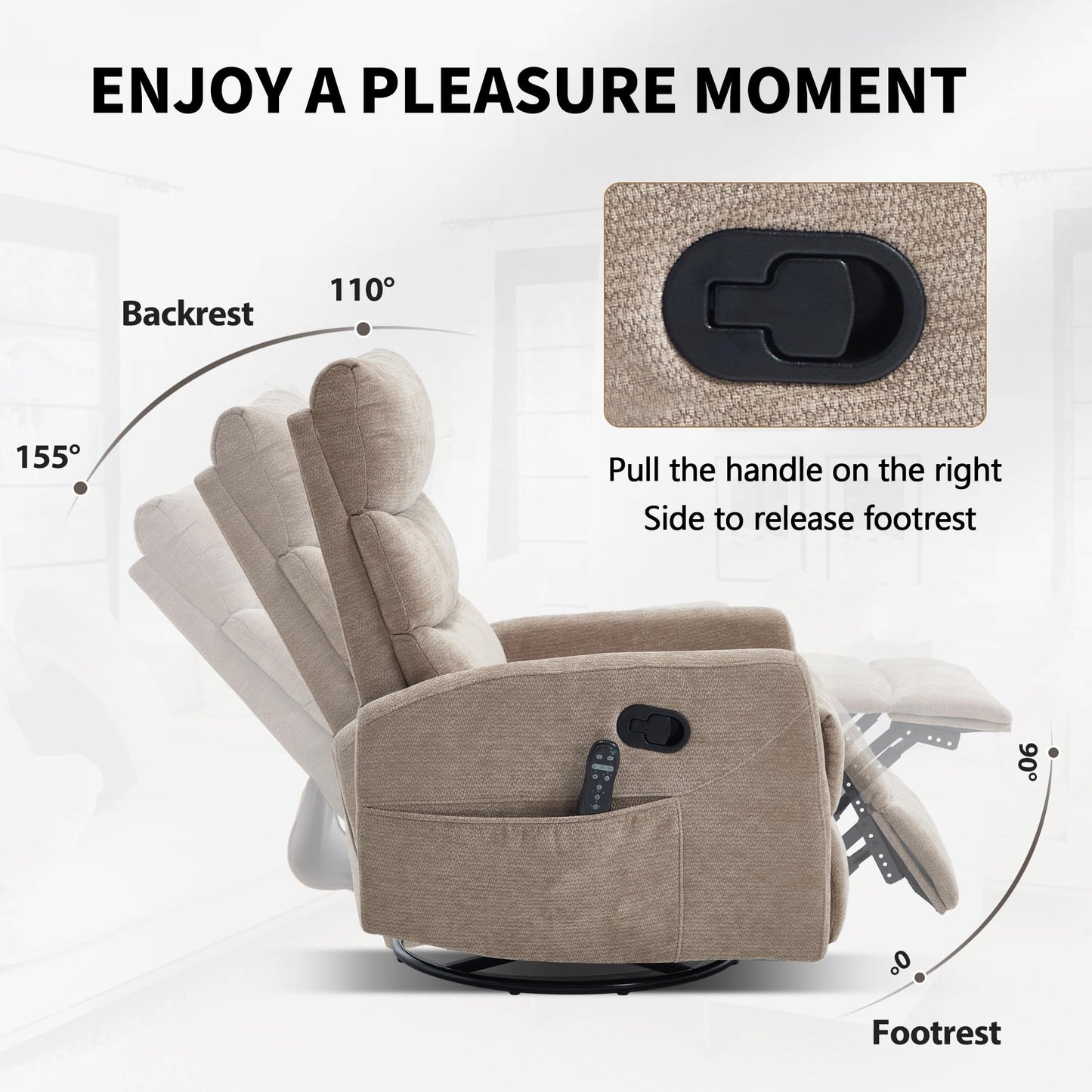 KEIKI Heat Massage Manual Recliner Chair, 360° Swivel Rocker with Lumbar Heat, Chenille Fabric Square Arms, Vibration Massage 8-Point Nodes, Heavy Duty Metal Base for Living Room Primary Space, Khaki