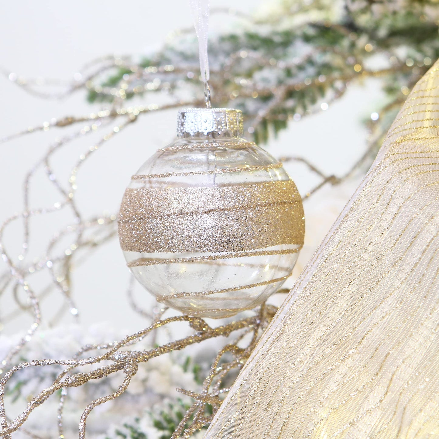 Sea Team Multi-Size Shatterproof Clear Plastic Christmas Ball Ornaments, Pendants, Drops, Finials, Decorative Xmas Tree Baubles Set with Stuffed Delicate Decorations (32 Counts, Champagne)