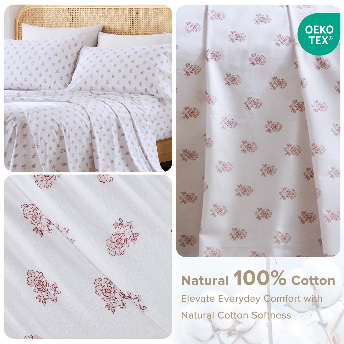 Comfort Spaces 100% Cotton Sheets Full, Breathable, Naturally Cool Cotton Sheets, Soft Cotton Bed Sheets with 14" Elastic Pocket Fits up to 16" Mattress, All Seasons Sheet Set, Floral Pink 4 Piece