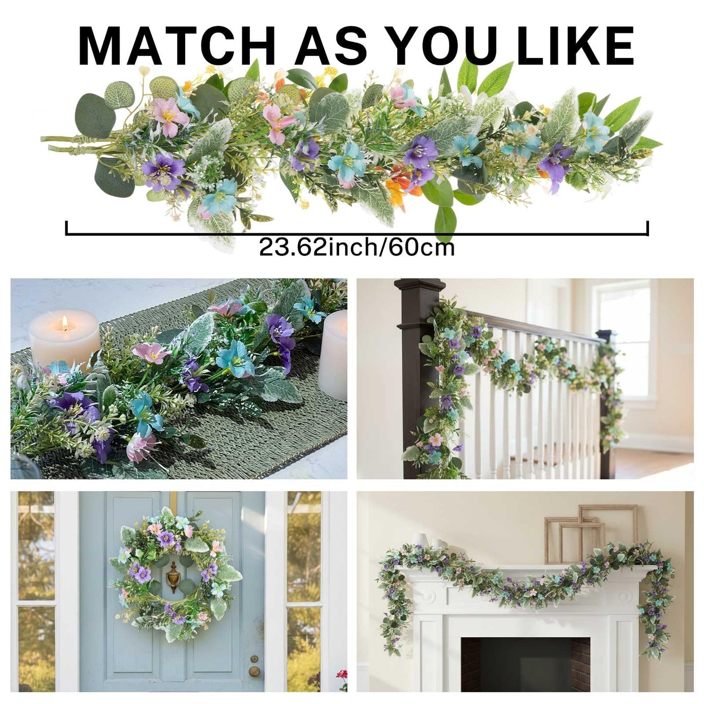 MOYEE Summer Centerpieces for Tables Wreath with Candle Holder,Candle Ring, Black Metal Candlestick with an Artificial Wreaths 14 in Versatile Dining Table Centrepiece (Blue and Purple Flower Wreath)