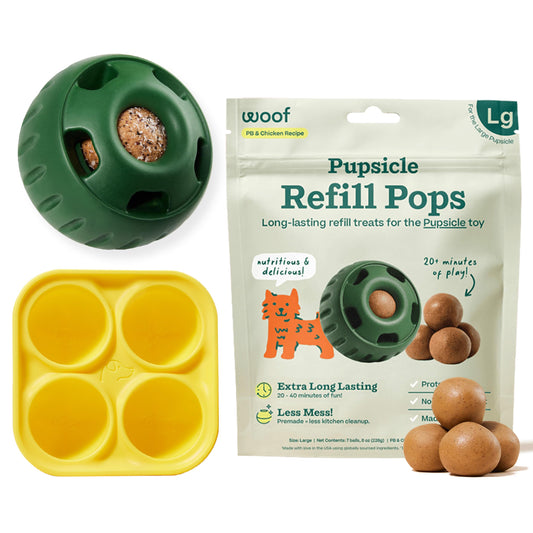 WOOF Starter Pack - Interactive Dog Toys for Boredom - Dog Treat Molds Silicone - Chicken-Flavored Healthy Treats for Dogs - Pupsicle Doggy Enrichment Toy - for Large Pups - 25-75 lbs
