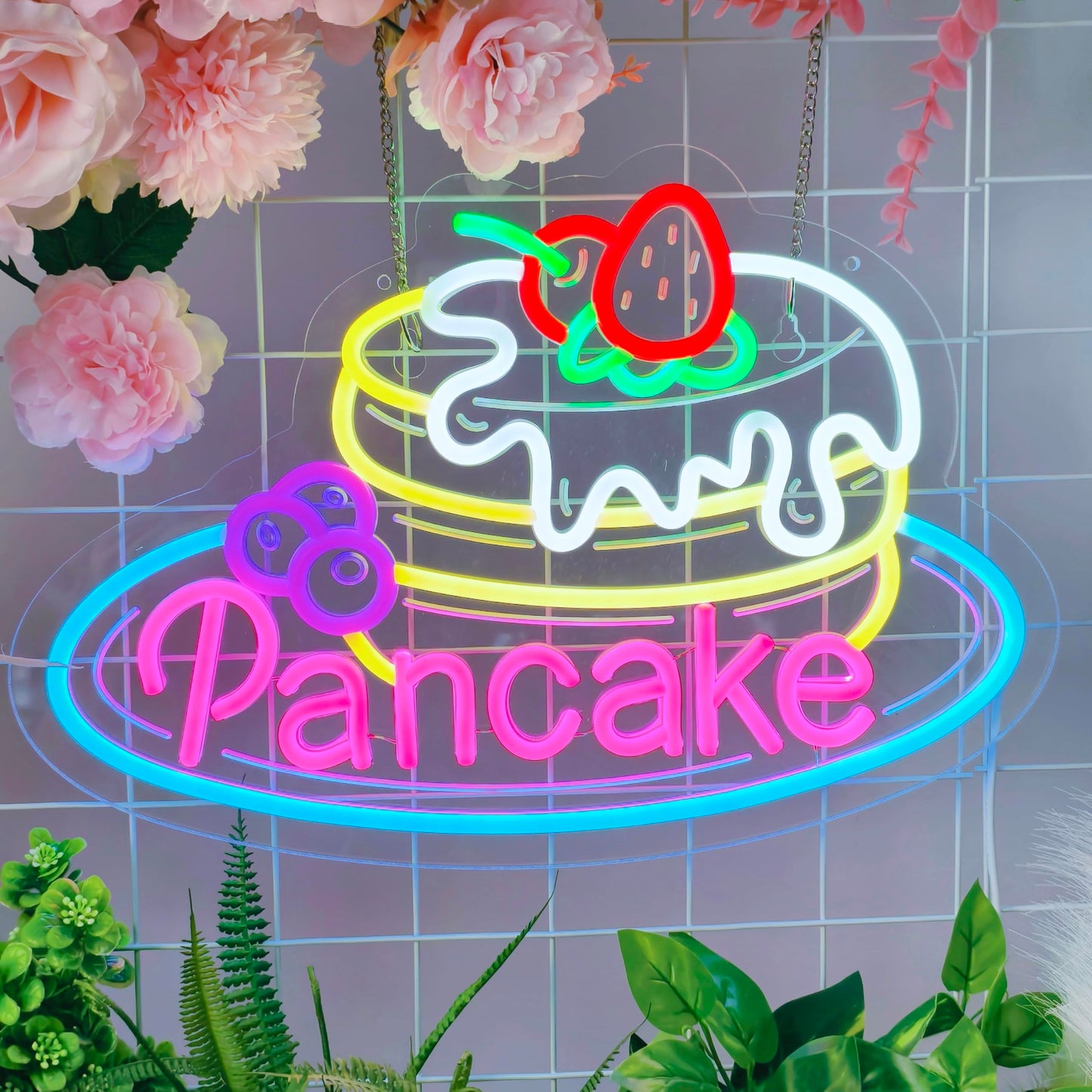 JOMOBUTY Pancake Neon Sign, Neon Lights Hanging Wall Art Decoration for Business Restaurant Shop Store House Bar Cafe Party Home Decor, USB Powered Ultra Bright Dimmable,16.14×11.02inches