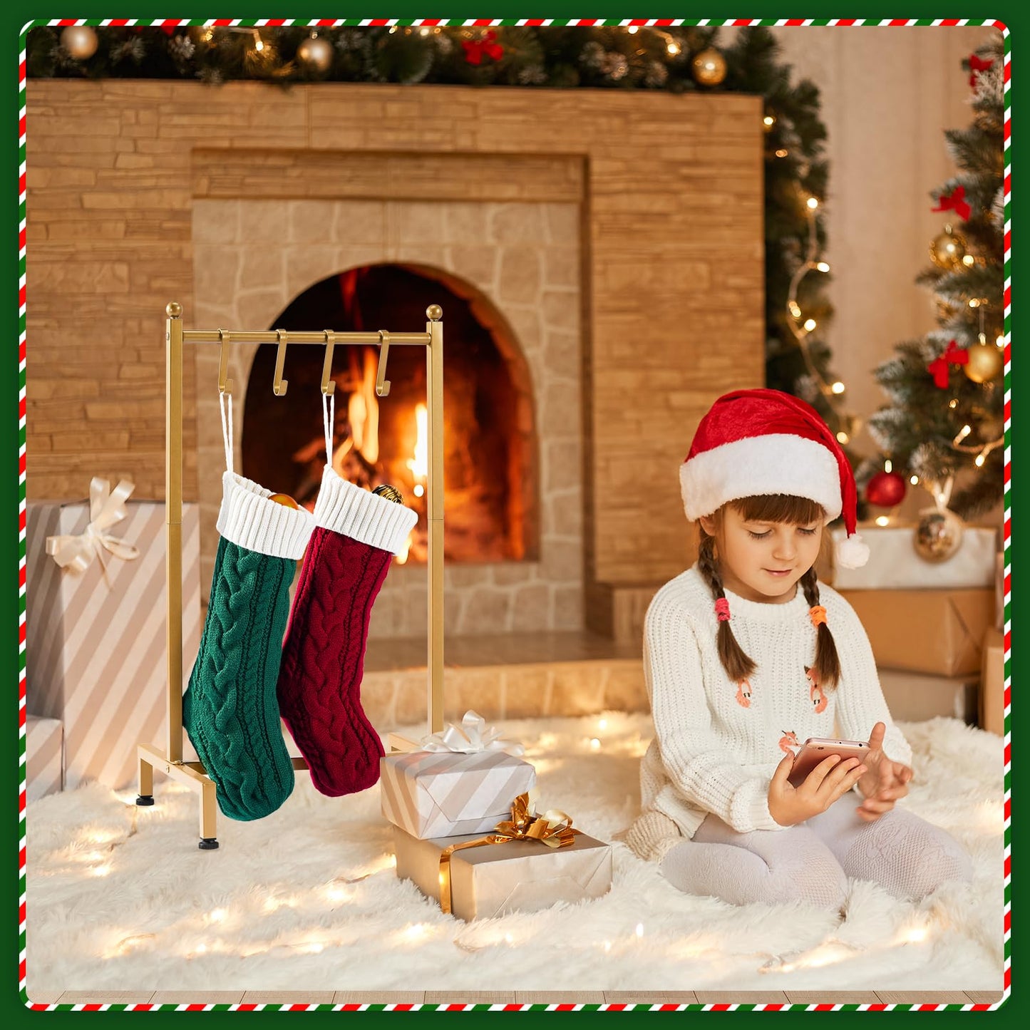 ELYKEN Christmas Stocking Holder, Free Standing Stocking Rack with 4 Removable Hooks, Small Stocking Stand, Heavy Duty Metal Tubes with Stable Base and Adjustable Feet, Gold