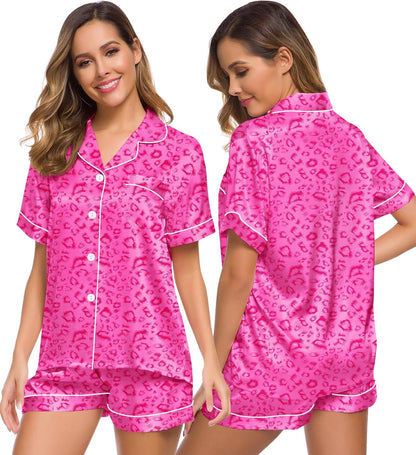 SWOMOG Womens Silk Satin Pajamas Set Short Sleeve Sleepwear Button Down Top and Shorts Loungewear 2 Piece Pjs Set XS-3XL