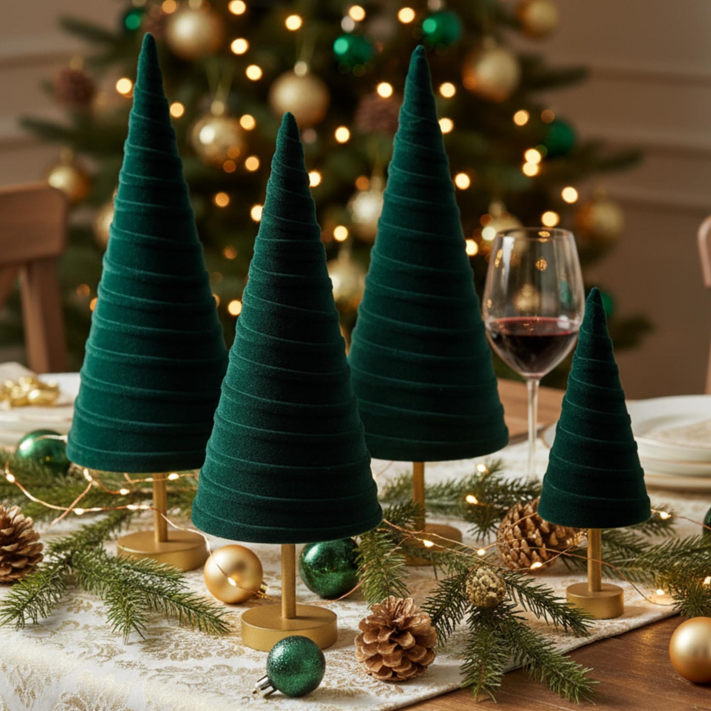 Hoolerry 4 Pcs Christmas Velvet Trees with Gold Pedestal Modern Rustic Christmas Velvet Cone Trees Minimalist for Mantel Table Centerpiece Entryway Home Winter Holiday Wedding Decor (Green)