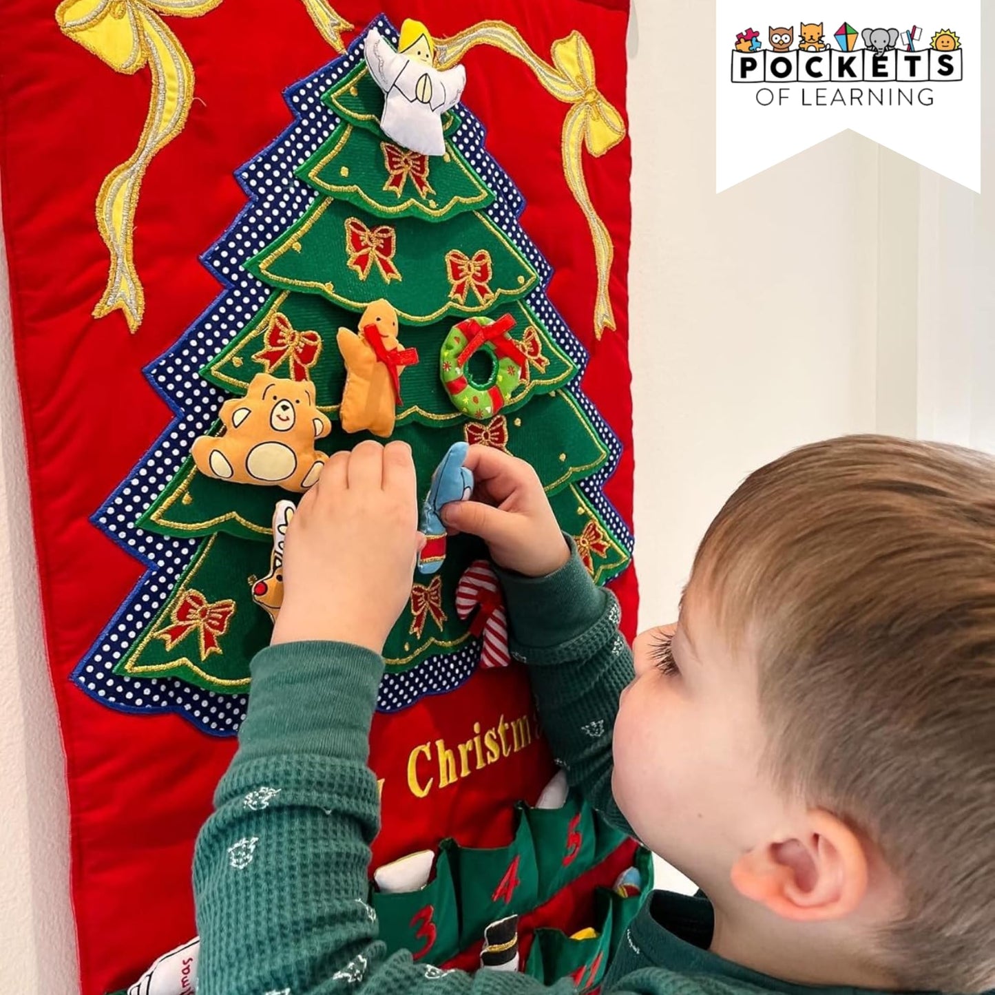 Merry Christmas Green Tree Advent Calendar by Pockets of Learning | Festive Holiday Décor, Seasonal Fabric Wall Hanging | Cloth Christmas Countdown w/ 24 Stuffed Cloth Ornaments