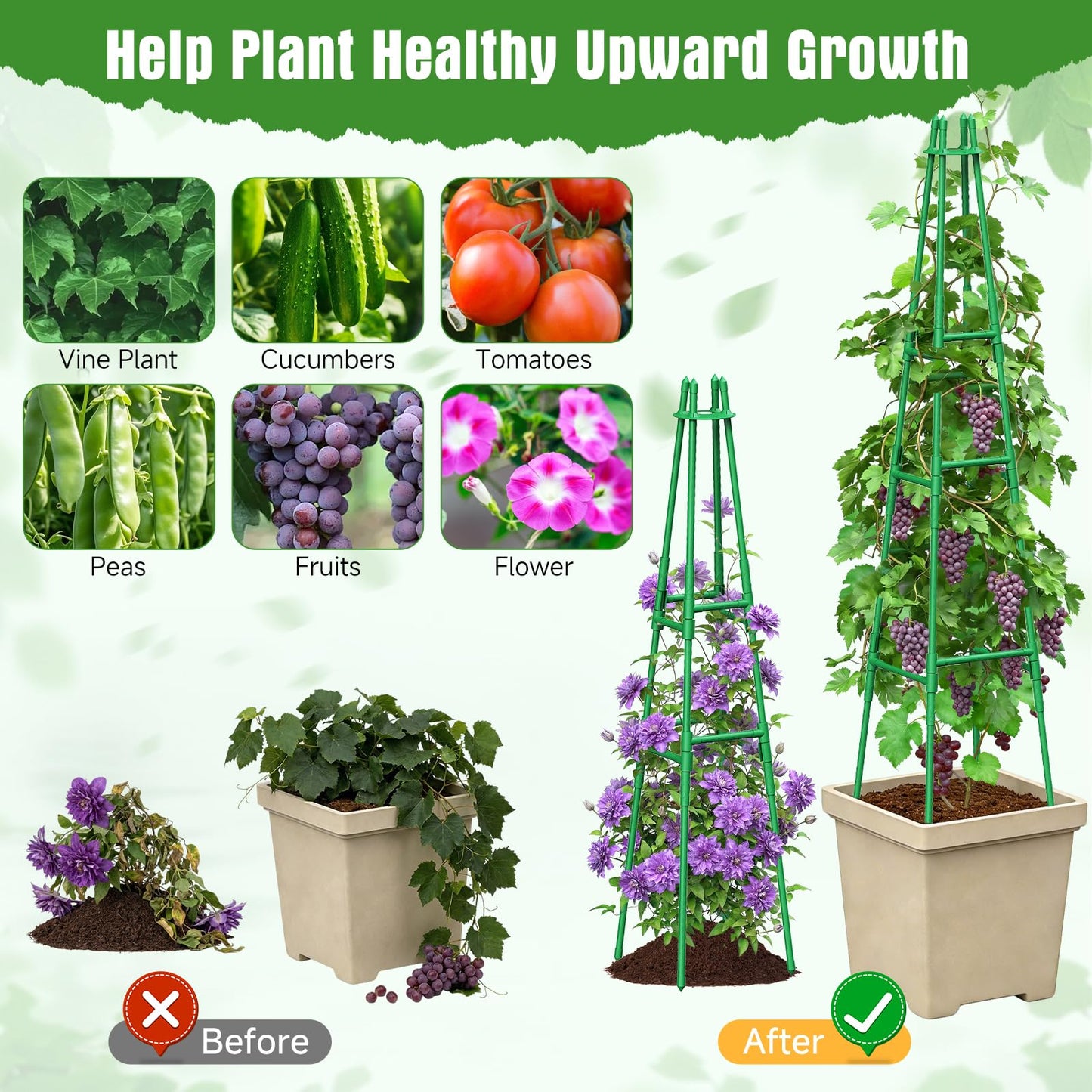 2 Pack 64" Tall Adjustable Obelisk Garden Trellis for Climbing Plants, Rust-Proof Pe Coated Metal Plant Trellis Support for Raised Beds, Potted Vines, Cucumbers, Tomatoes, Indoor Outdoor Use (2 Pack)