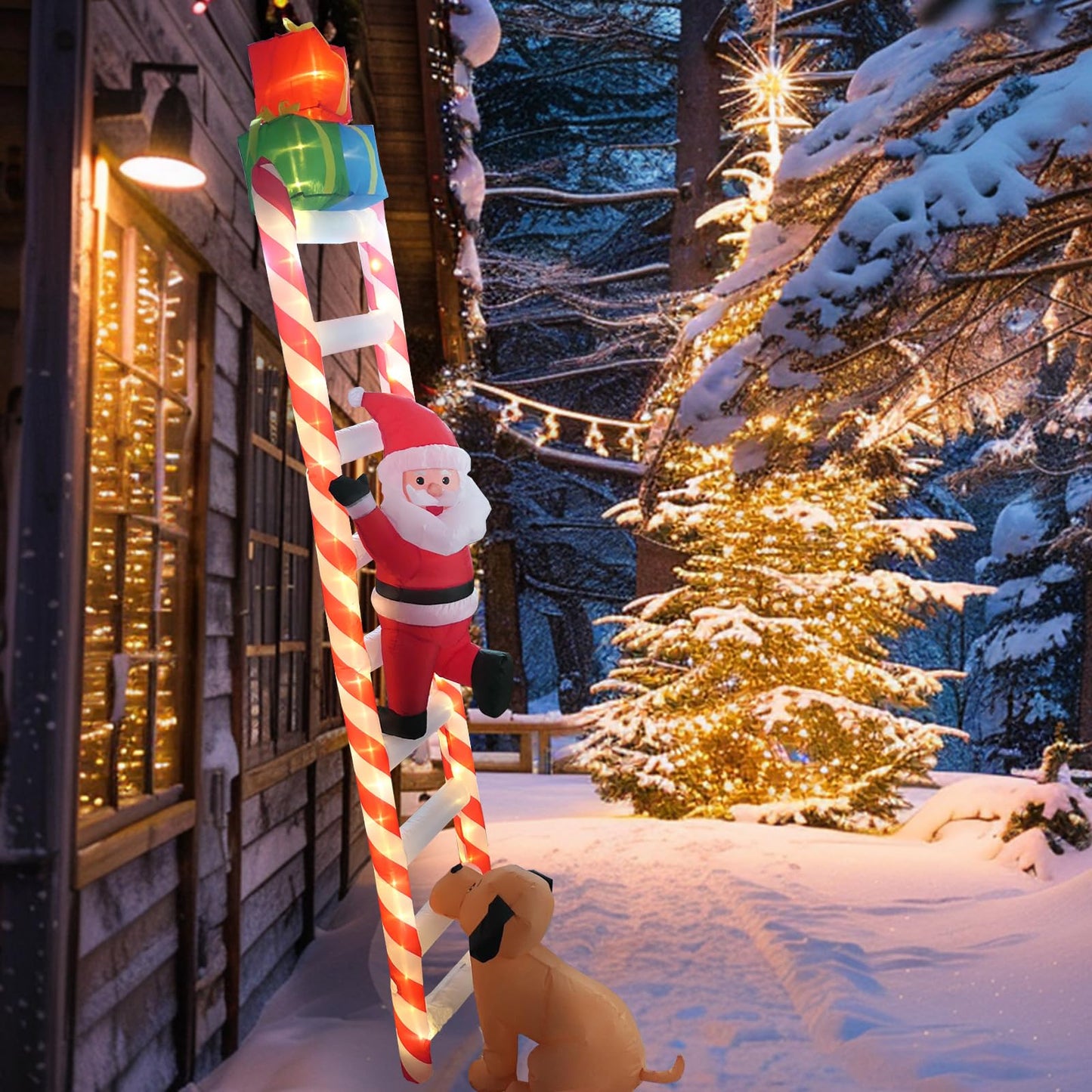 9 FT Hanging Christmas Inflatables Decorations with Led Light, Santa Claus Chased by A Dog Climbing Ladder, Funny Blow up Christmas Ornaments, Xmas Holiday Decor for Party Outdoor Yard Porch Roof