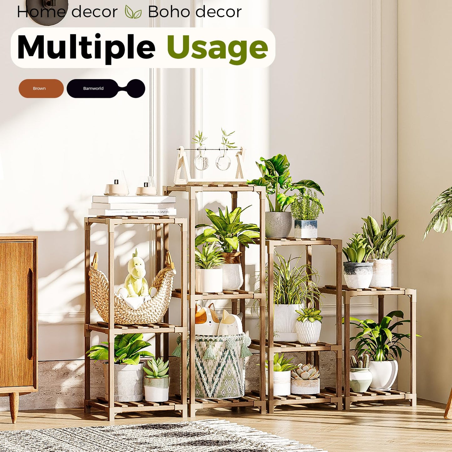 Bamworld Plant Stands Indoor 4 Sets Plant Shelves Outdoor Wooden Plant Holder for Multiple Plants Flower Stands for Living Room Balcony Garden Patio Lawn Window