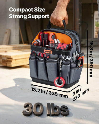 VEVOR Tool Bag, 13.2 Inch, 39-Pocket Open Top Tool Pouch, Portable Electrical Maintenance Toolbox Organizer Storage with Hard Plastic Base, Adjustable Shoulder Strap, for Professionals DIY & Jobsite