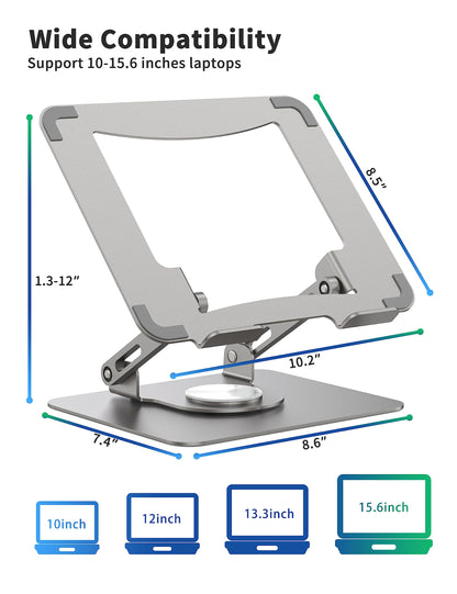 SOUNDANCE Laptop Stand with 360° Rotating Base, Ergonomic Computer Riser for Desk, Adjutable Height Muti-Angle, Foldable Laptop Mount, Stable Metal Holder Support 10-15.6" Notebook PC, Silver Grey