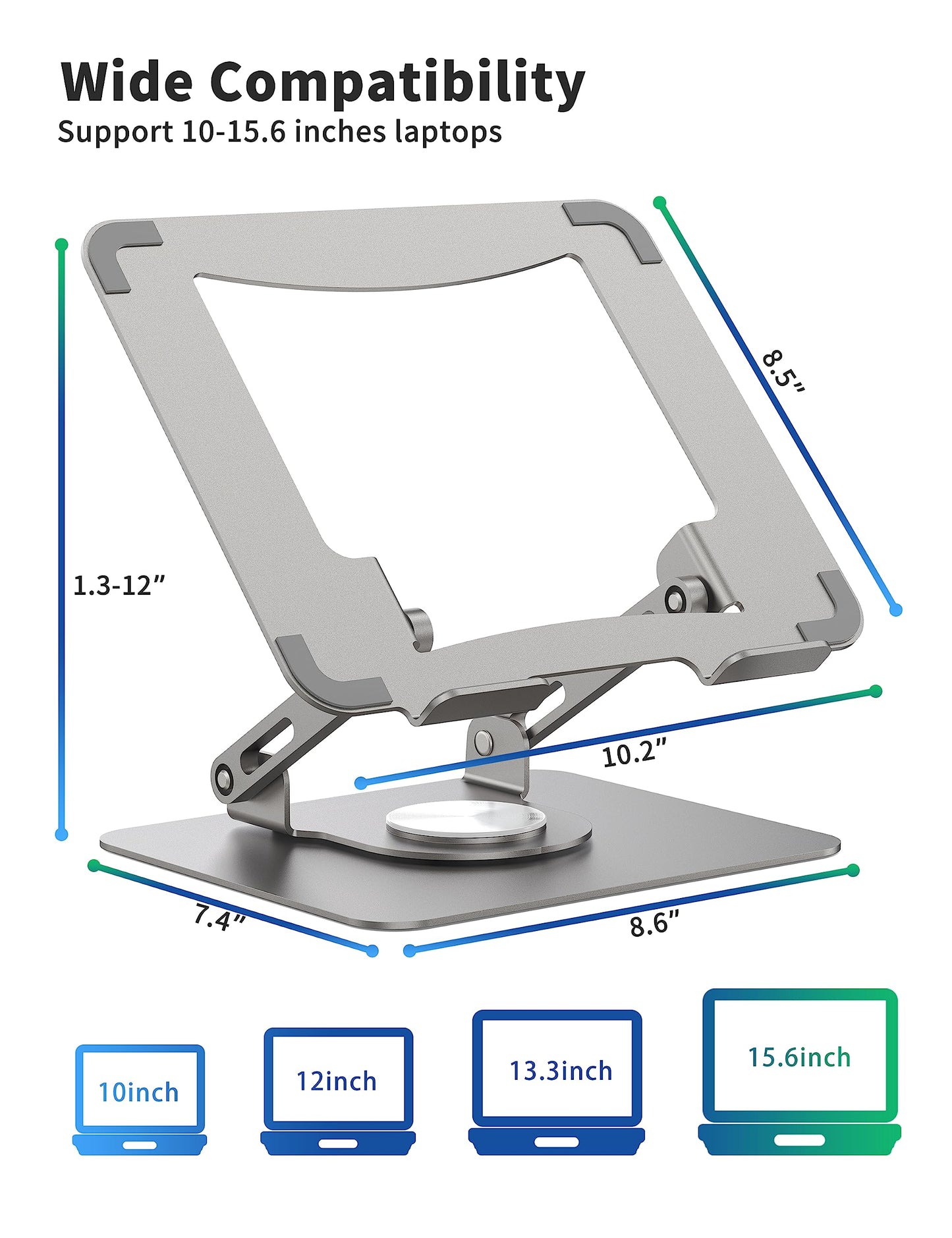 SOUNDANCE Laptop Stand with 360° Rotating Base, Ergonomic Computer Riser for Desk, Adjutable Height Muti-Angle, Foldable Laptop Mount, Stable Metal Holder Support 10-15.6" Notebook PC, Silver Grey