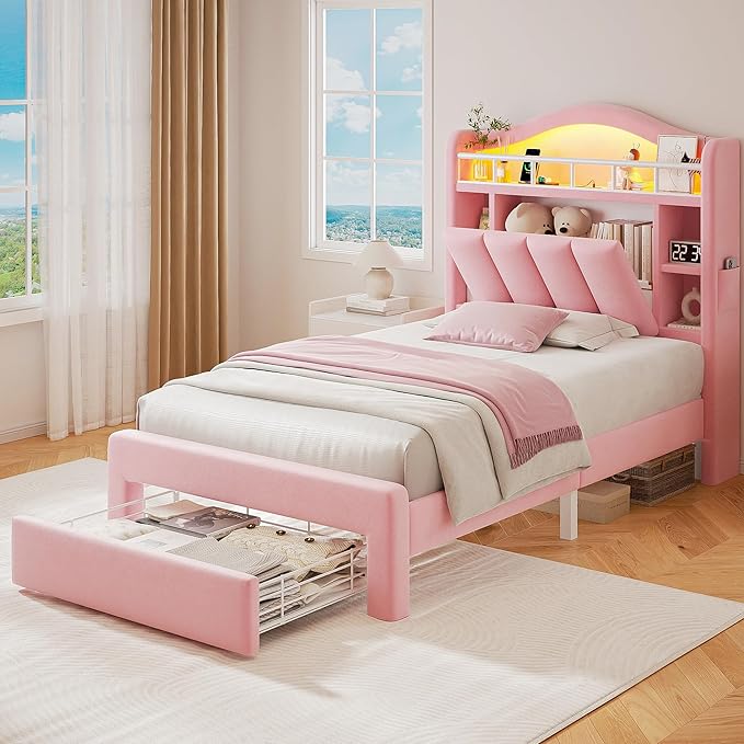 Twin LED Bed Frame with Storage Headboard & 2 Storage Drawers, Princess Velvet