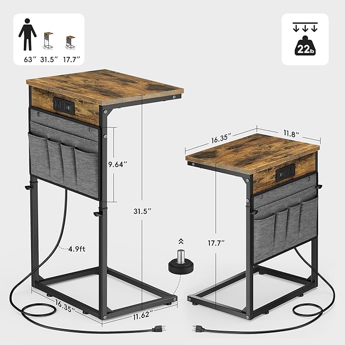 Vagusicc C-Shaped End Table Set of 2, Adjustable Height Side Table