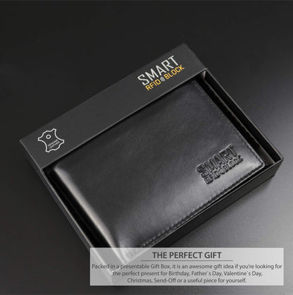 KORUMA RFID Wallet for Men, Black Leather Mens Wallets for up to 11 Cards, Coin Pocket, ID Window, Removable Credit Card Holder, Gifts for Him