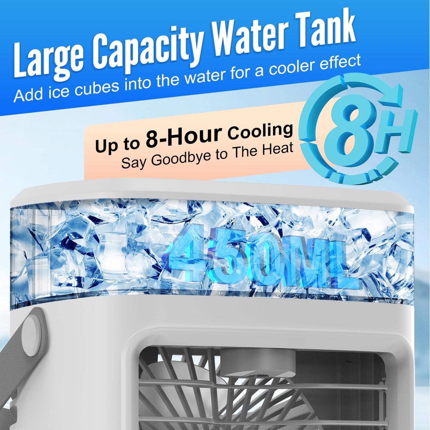 Portable Air Conditioner, 3 Speeds Personal Evaporative Air Cooler with 2/4H Timer, 450ml Rechargeable Mini Air Conditioner, Quiet Portable AC Unit Fan for Office Desk Home Bedroom Camping Car