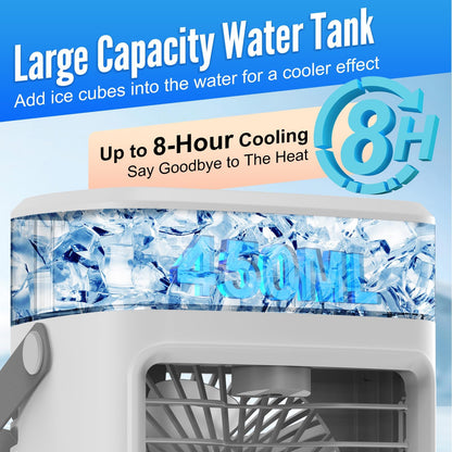 Portable Air Conditioner, 3 Speeds Personal Evaporative Air Cooler with 2/4H Timer, 450ml Rechargeable Mini Air Conditioner, Quiet Portable AC Unit Fan for Office Desk Home Bedroom Camping Car